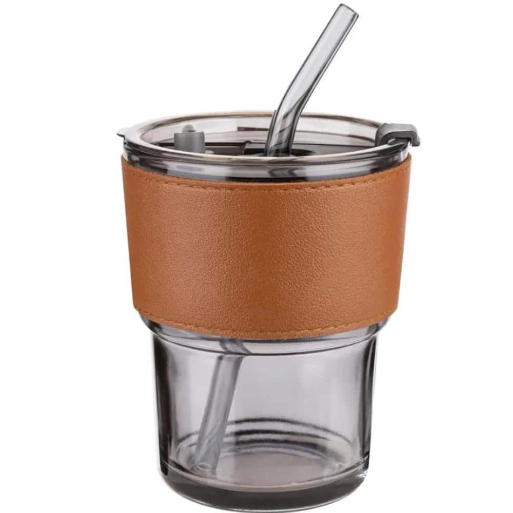 coffeeglasscup leathersleeves straw